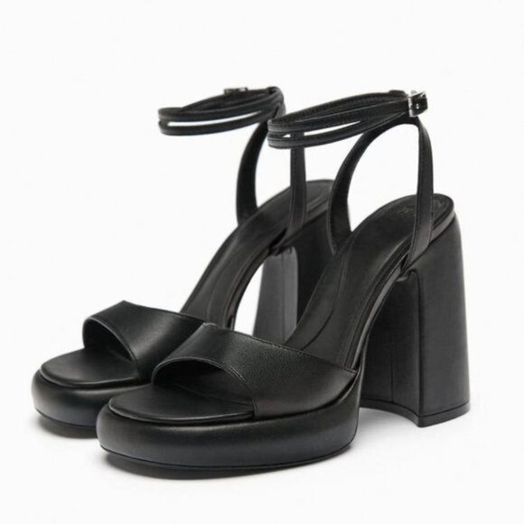 ZARA HIGH-HEEL PLATFORM SANDALS BLACK SIZE 63307/110